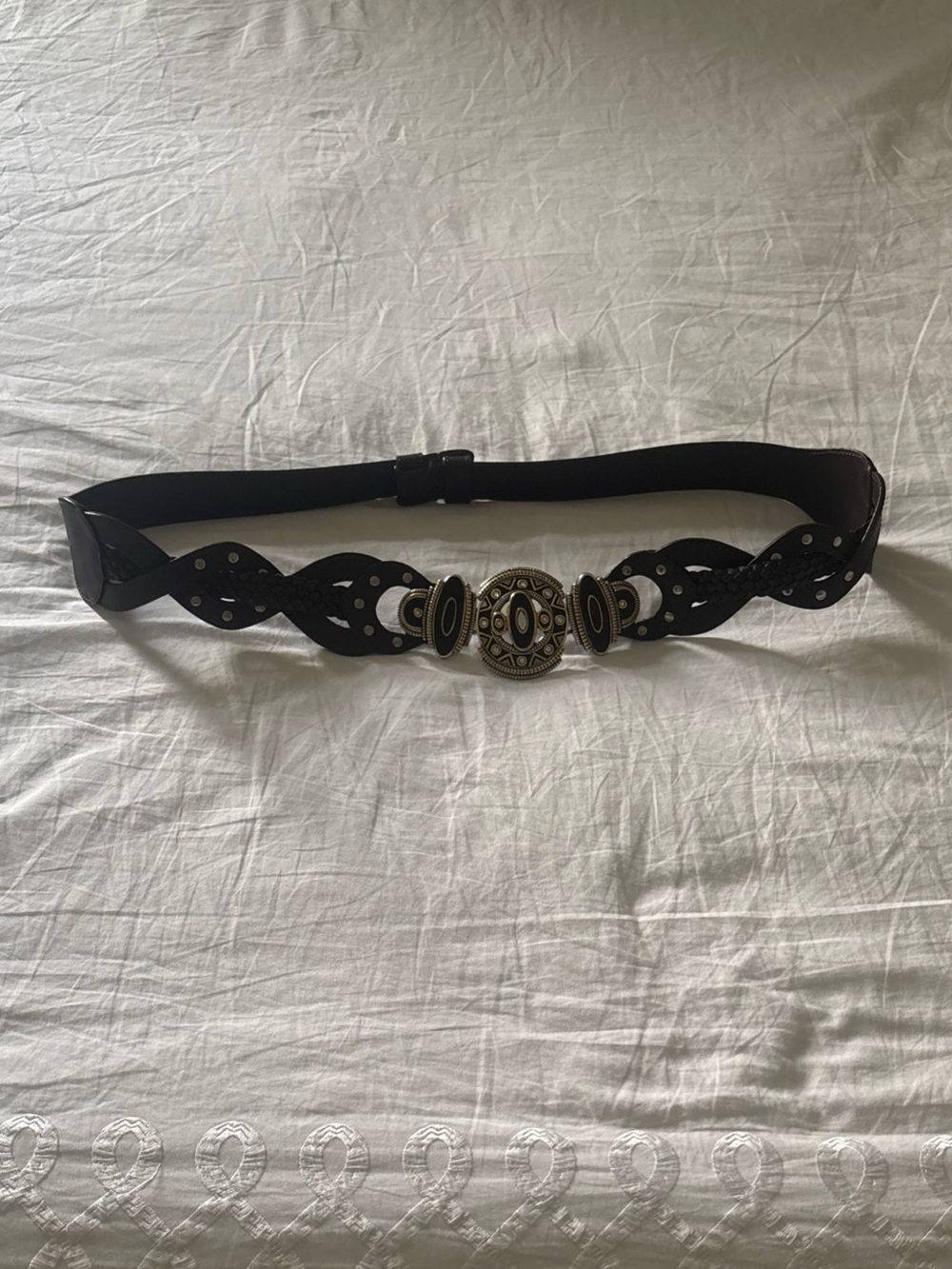 Women’s Chico's Brown Leather Belt,  Adjustable M/L Gold & Brown Ornate Buckle